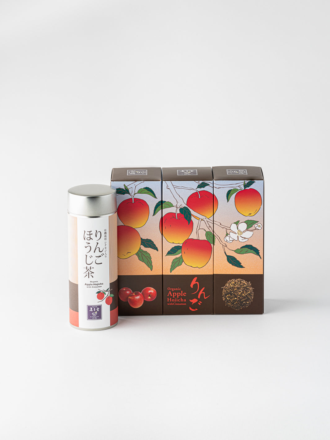 Set regalo di tè Hojicha biologico alla mela e cannella / Scatola di metallo da 40 g